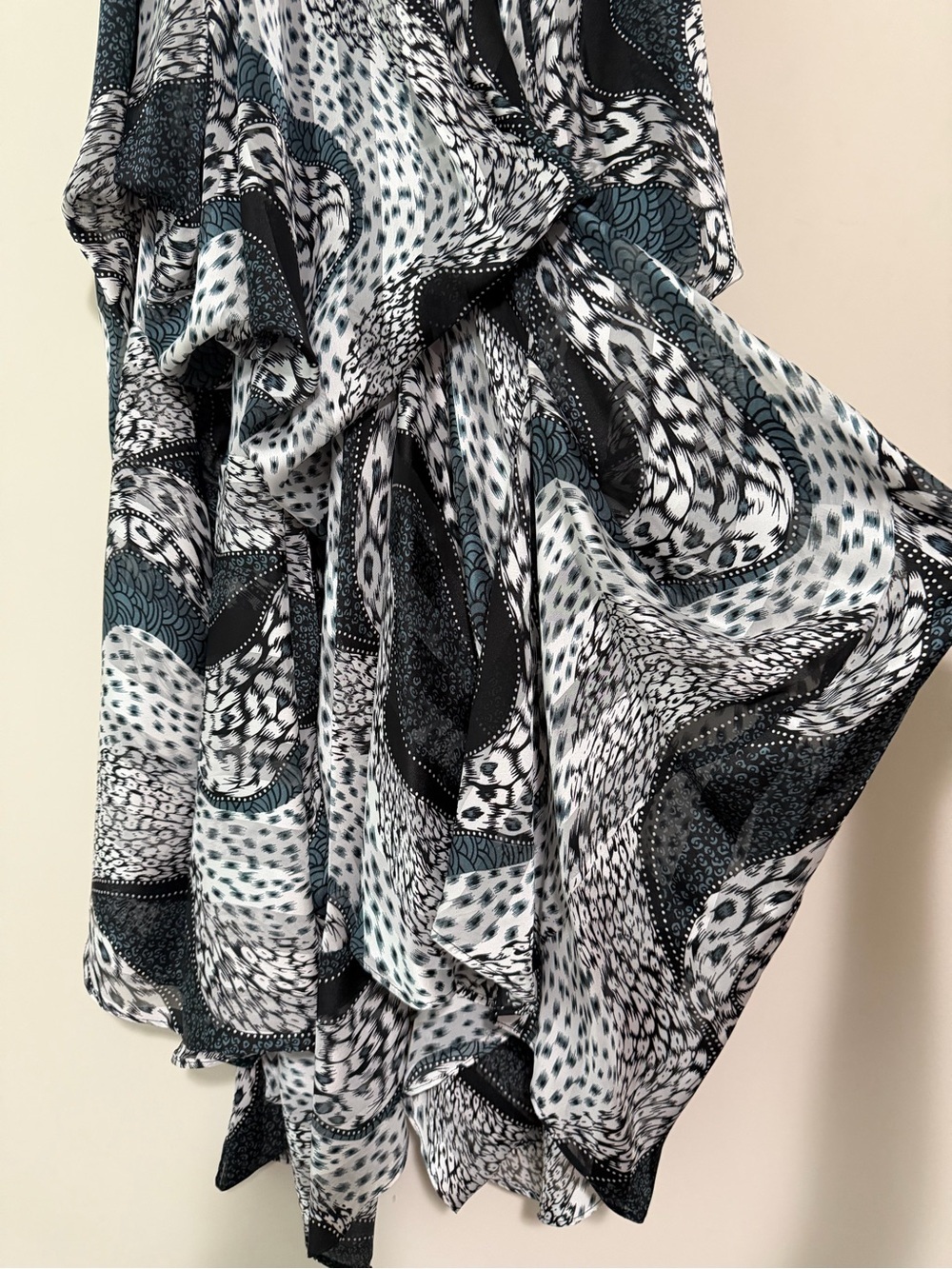 Boho Flowy Teal Black & White Abstract Handkerchief Maxi Skirt - Picture 7 of 15